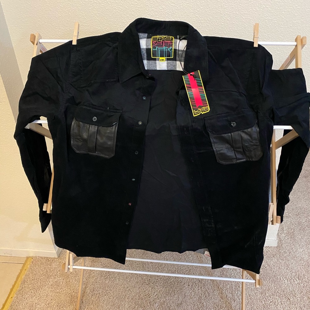 Black Shirt w/ leather chest pockets unknown brand
